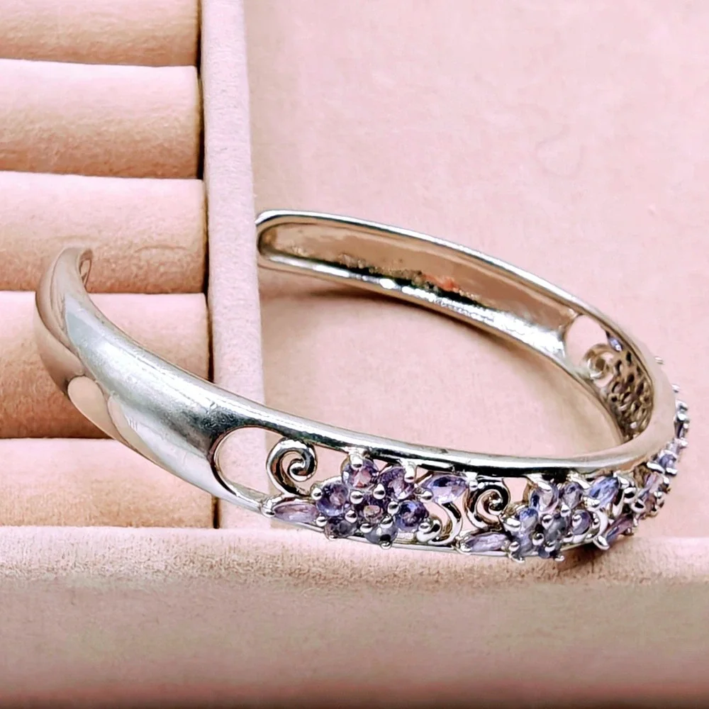 Sterling Silver 925 Amethyst Filigree Floral Cuff Bracelet Thailand Purple Gem